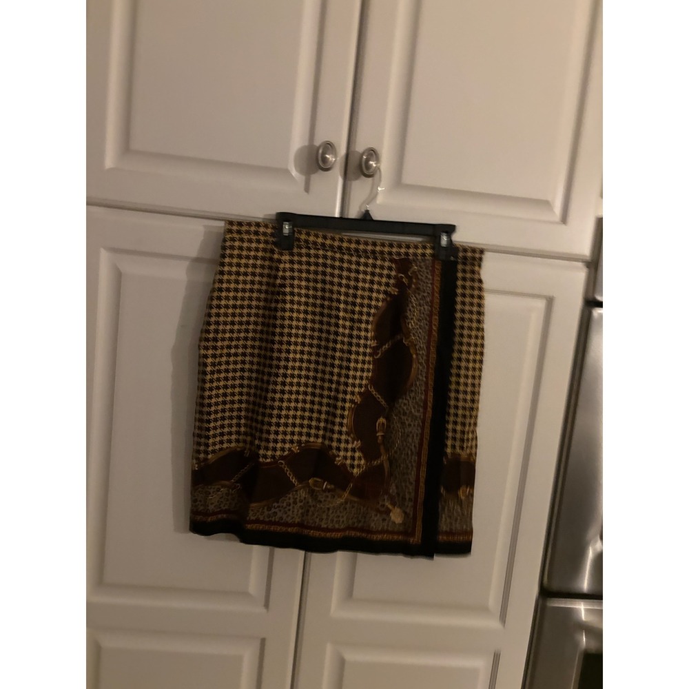 Talbots Womens 16 Brown Silk Houndstooth Chain Leopard Print Pencil Skirt